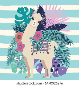 Floral banner with cute llama, tropical leaves and flowers design.