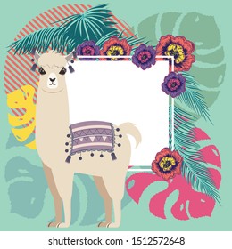 Floral banner with cute llama, tropical leaves and flowers design.