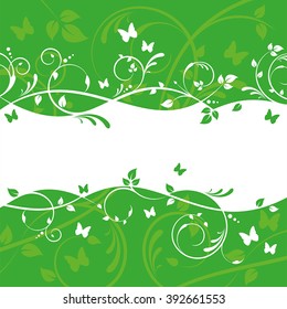 A floral banner design with butterflies and leaves.