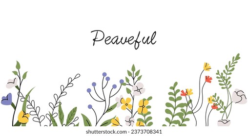 Floral banner design. Nature background with flower border decoration. Wildflowers, romantic card. Delicate gentle meadow field blooms, blossomed plants, branches, leaves. Flat vector illustration