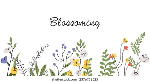 Floral banner design. Nature background with flower border decoration. Wildflowers, romantic card. Delicate gentle meadow field blooms, blossomed plants, branches, leaves. Flat vector illustration