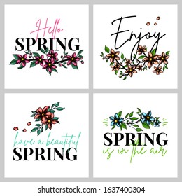 Floral banner design set. Vector illustration of lettering with floral arrangement of sakura bloom and leafs. Isolated on white background.