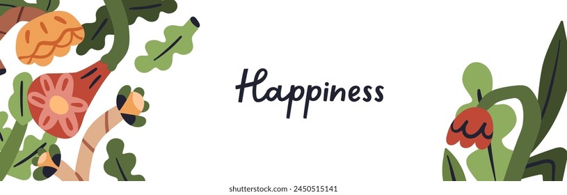 Floral banner design with whimsical wildflowers. Modern naive spring and summer flowers, meadow blossomed plants. Trendy field blooms on natural botanical background. Flat vector illustration