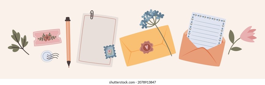 Floral Banner With Envelopes, Letters, Pen And Postal Stamp. Snail Mail Concept. Vector Illustration.