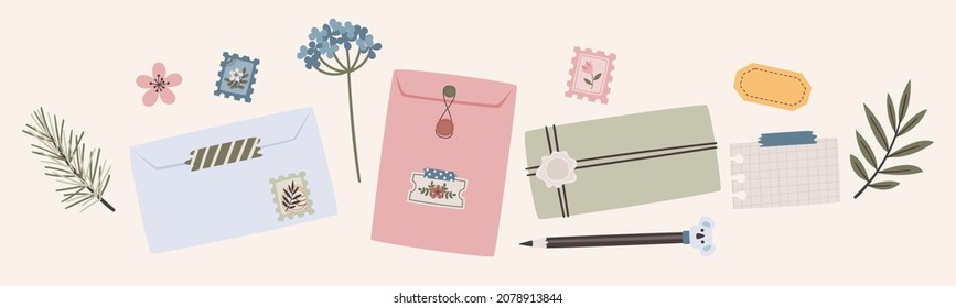 Floral banner with envelopes, letters, pencil and postal stamps. Snail mail concept. Vector illustration.