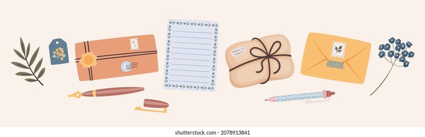 Floral banner with envelopes, letters, pens and package. Snail mail concept. Vector illustration.