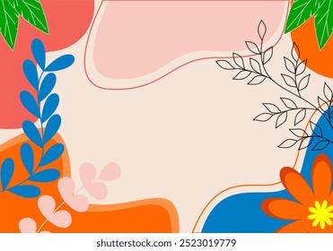 Floral banner frame design Spring background with beautiful. floral background for design. Colorful background with tropical plants on an orange background
