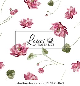 Floral banner with frame and pattern of Lotus flowers and exotic tropical leaves on white background. Vector illustration