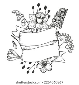 Floral banner for greeting card. Ribbon for text. Place for text. Hand-drawn flower sketches. Design elements. Vector illustration. Vintage style.  