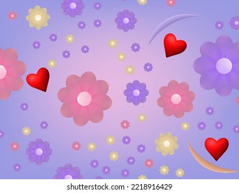 Floral banner with heart 3d. Advertising holiday flower background for valentine's day. Romantic bouquet with heart, party invitation card. Spring colorful flowers, daisies. Vector illustration.