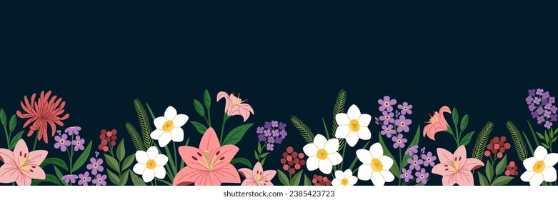 Floral banner. Horizontal border with beautiful plants. Blooming spring flowers. Hand drawn vector illustration isolated on black background. Modern flat cartoon style.