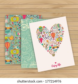 Floral banner for life events, vector on wood background. Place for text. Pattern is complete (masked). Use for invitations. Heart. Kids, travel, enjoy life. Travel vacation icons in heart shape. 