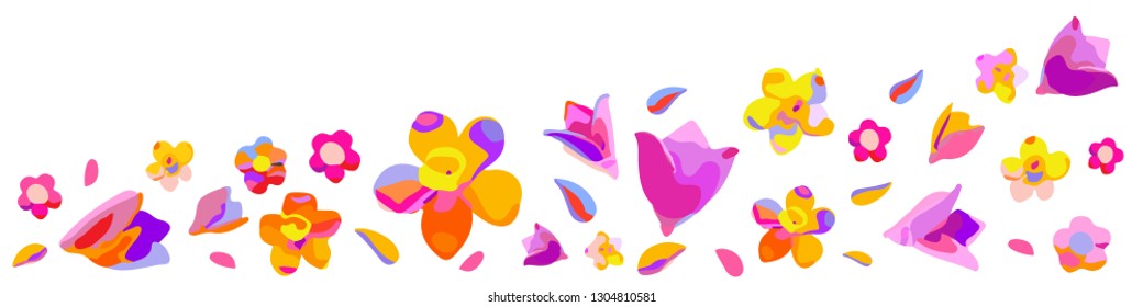 Floral banner. Light romantic floral design. Cute spring or summer flowers horizontal banner on white background. Vector abstract flowers.