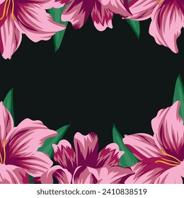 floral banner, pattern, ornament for advertising, packaging or textile on a black background consisting of buds and loose flowers of pink lilies and green leaves, vector