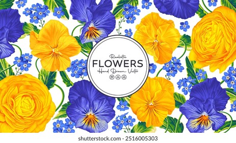 Anuncio floral con plantas realistas dibujadas a mano utilizando flores reales de Ranunculus, Pansy, Forget-me-not. Vector ilustración detallada, Plantilla para redes sociales, publicidad, volantes, lugar para texto