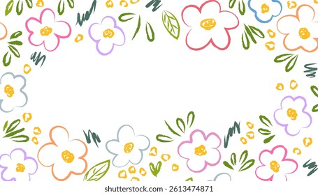 Floral banner with space for text, frame with pastel colorful flowers and leaves. Delicate hand drawn simple flowers and leaves, brush strokes. Vector background for social networks and printing