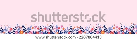Floral banner. Spring background with colourful blooming flower and leaves. Panoramic header. Vector illustration