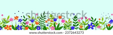 Floral banner. Spring background with colourful blooming flower and leaves. Panoramic header. Vector illustration