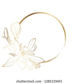 Floral banner template design element. Invitation posters with gold circle with flowers.