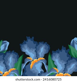 floral banner template with open buds of blue, wild iris with yellow centers, green leaves and closed buds on black background, vector