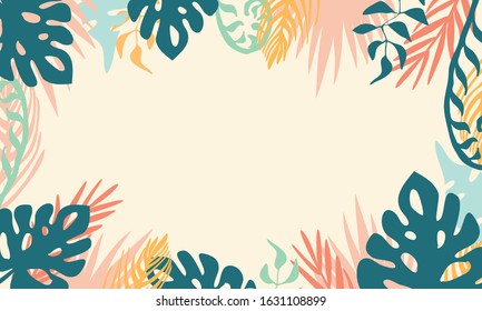 Floral banner with tropical leaves. Elegant backdrop decorated with foliage of exotic jungle plants. Natural frame or border.  Vector illustration.