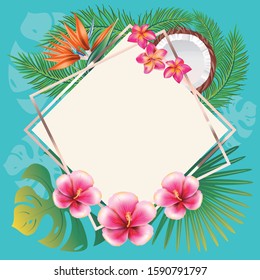 Floral banner with tropical leaves and exotic flowers design.