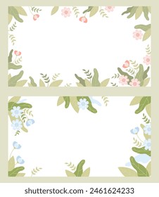 Floral banners. Blue and pink flowers and leaves on white background. Horizontal isolated posters. Vector illustration in flat  style