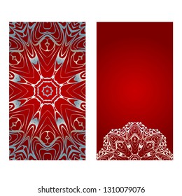 Floral Banners. Ethnic Mandala Ornament. Vector Illustration. For Greeting Card, Coloring Book, Invitation Print. Red, silver color.