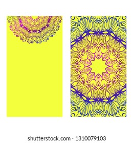 Floral Banners. Ethnic Mandala Ornament. Vector Illustration. For Greeting Card, Coloring Book, Invitation Print. Purple gradient color on yellow background.