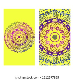 Floral Banners. Ethnic Mandala Ornament. Vector Illustration. For Greeting Card, Coloring Book, Invitation Print. Purple gradient color on yellow background.