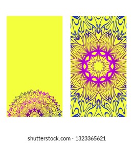 Floral Banners. Ethnic Mandala Ornament. Vector Illustration. For Greeting Card, Coloring Book, Invitation Print. Purple gradient color on yellow background.