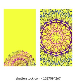 Floral Banners. Ethnic Mandala Ornament. Vector Illustration. For Greeting Card, Coloring Book, Invitation Print. Purple gradient color on yellow background.