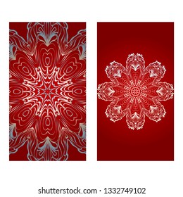 Floral Banners. Ethnic Mandala Ornament. Vector Illustration. For Greeting Card, Coloring Book, Invitation Print. Red, silver color.