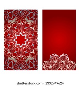 Floral Banners. Ethnic Mandala Ornament. Vector Illustration. For Greeting Card, Coloring Book, Invitation Print. Red, silver color.