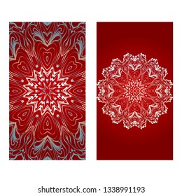 Floral Banners. Ethnic Mandala Ornament. Vector Illustration. For Greeting Card, Coloring Book, Invitation Print. Red, silver color.