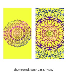 Floral Banners. Ethnic Mandala Ornament. Vector Illustration. For Greeting Card, Coloring Book, Invitation Print. Purple gradient color on yellow background.
