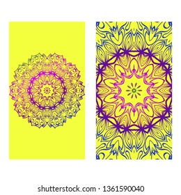 Floral Banners. Ethnic Mandala Ornament. Vector Illustration. For Greeting Card, Coloring Book, Invitation Print. Purple gradient color on yellow background.