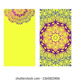 Floral Banners. Ethnic Mandala Ornament. Vector Illustration. For Greeting Card, Coloring Book, Invitation Print. Purple gradient color on yellow background.