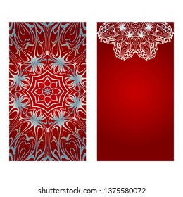 Floral Banners. Ethnic Mandala Ornament. Vector Illustration. For Greeting Card, Coloring Book, Invitation Print. Red, silver color.