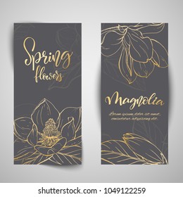 Floral banners. Hand drawn vector botanical illustration. Template greeting card, wedding invitation banner with spring flowers. Sketch linear magnolia blossom.Engraved style illustration.