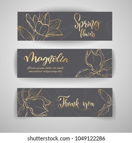 Floral banners. Hand drawn vector botanical illustration. Template greeting card, wedding invitation banner with spring flowers. Sketch linear magnolia blossom.Engraved style illustration.