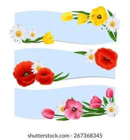 Floral banners horizontal set with daisy poppy and tulip flowers isolated vector illustration