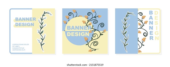 Floral banners set. Blue and yellow flowers. Vector design for decoration.