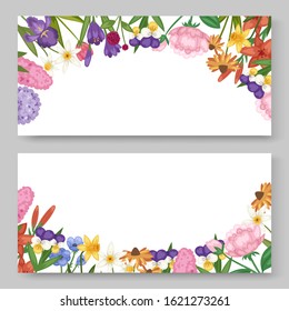 Floral banners set with garden and field flowers vector ilustration. Field or garden flowers, anemone, peony and iris, wild florets in watercolor style. Summer flowers isolated on white background.
