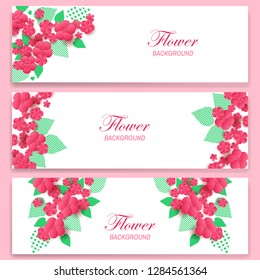 Floral banners set with pink flowers and golden leaves. Set of horizontal banners for brochures or vouchers. Vector EPS10