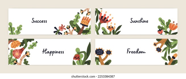 Floral banners set. Spring backgrounds designs with primitive fancy stylized plants, abstract naive garden. Horizontal whimsical botanical cards with fairytale blooms. Modern flat vector illustrations
