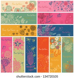 Banderas florales en conjunto vectorial. 12 tarjetas florales. Pancartas conceptuales de verano, primavera y otoño