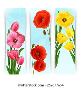 Floral banners vertical set with pink and yellow tulips and red poppy isolated vector illustration