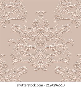 Floral Baroque 3d seamless pattern. Vector embossed beige background. Repeat emboss flowers backdrop. Surface relief ornament in Baroque style. Modern textured elegance design with embossing effect.