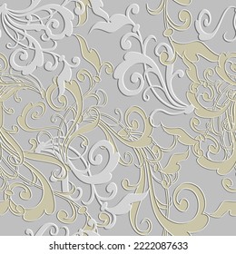 Floral Baroque 3d seamless pattern. Vector embossed white background. Repeat emboss grunge backdrop. Surface relief 3d flowers leaves ornament in Baroque style. Textured patterns with embossing effect